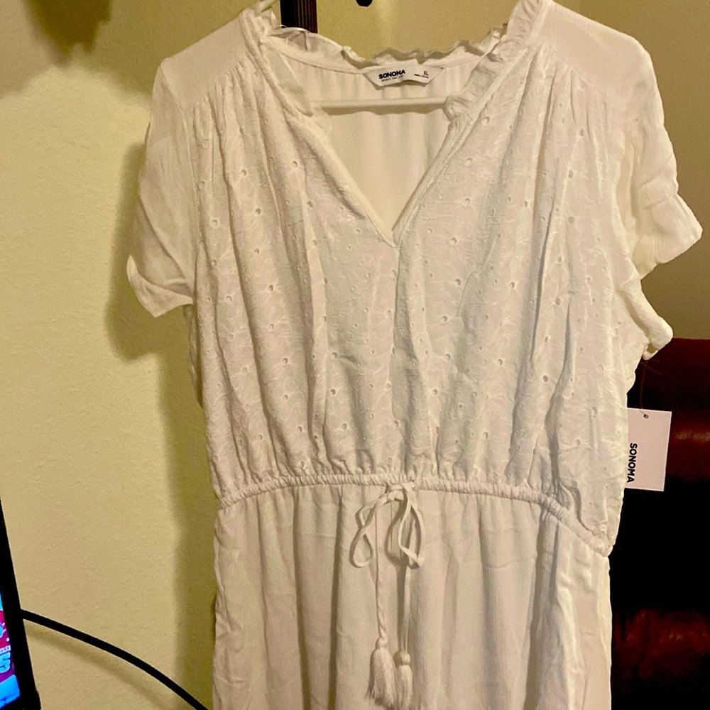 NWT Maxi White Dress, Short Sleeves, Tiered at Bottom with eyelet material